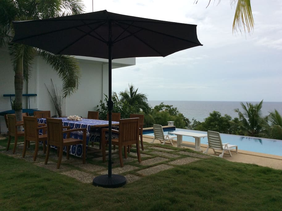 Outdoor seating by pool