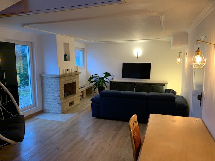 Dhoma e ndenjjes (ana e televizorit) dhe divani i konvertueshëm