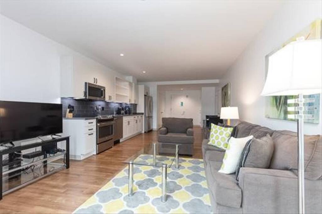 Comfortable living area with pullout sofa bed, club chair and TV