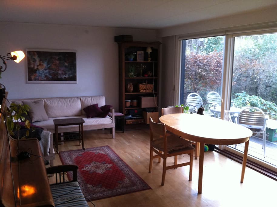 Living room with large windows and glass door to porch and private garden. Lovely evening light.