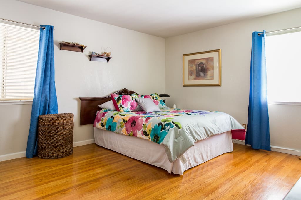 The master bedroom has a really comfy queen sized bed!