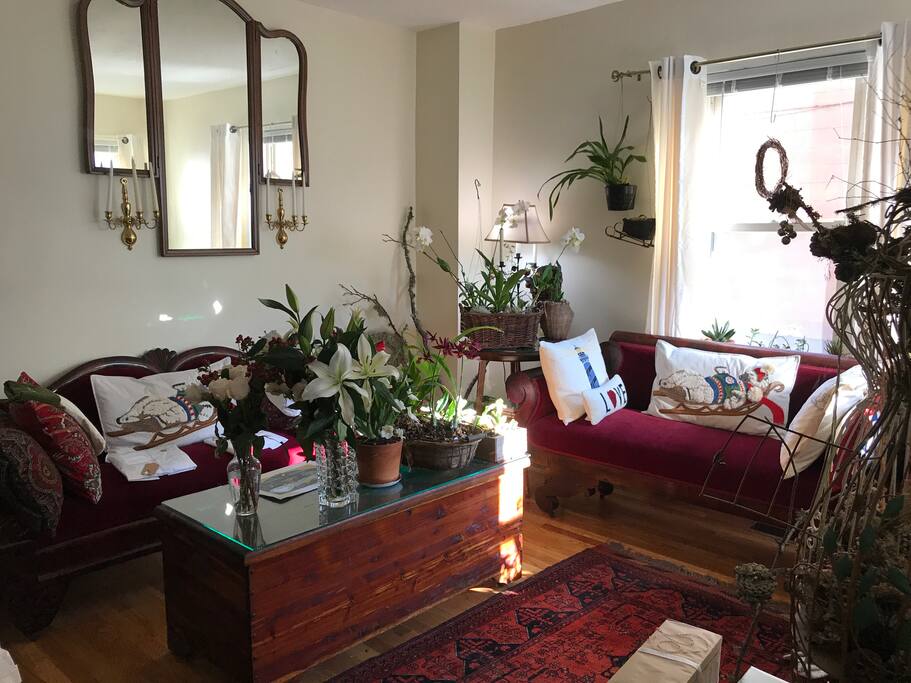 Pottery barn pillows decor. New American empire decor living room, hardwood floors, electric fireplace against an old brick chimney, ceiling fan, central AC/heat, cable tv/wifi, one stained glass window.