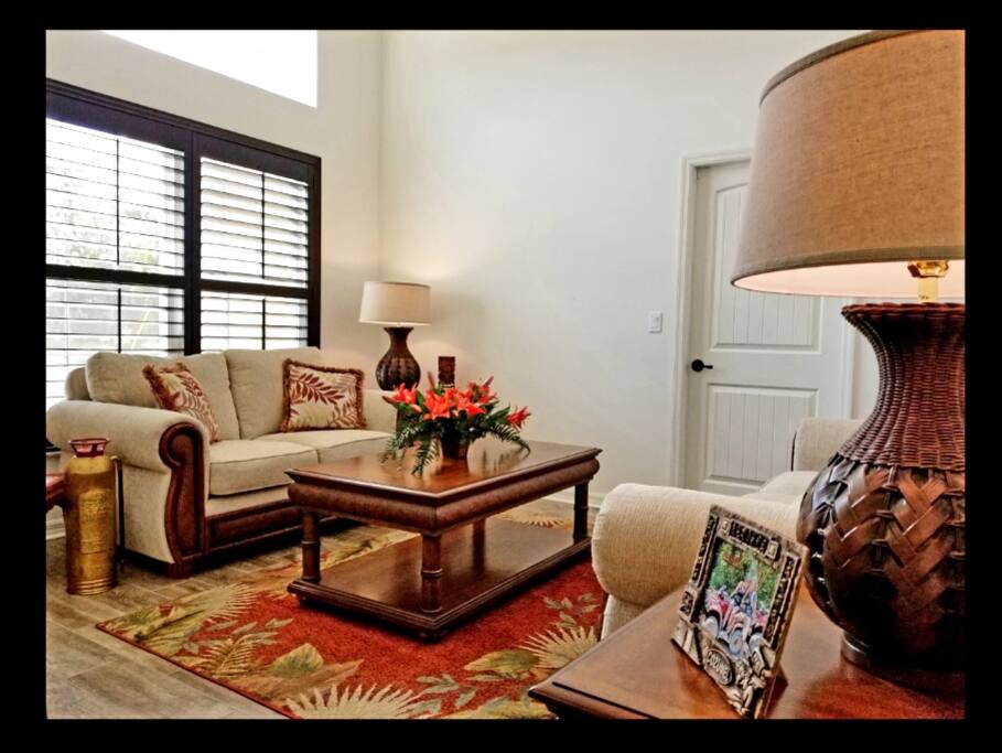 The front living room with a large variety of board games