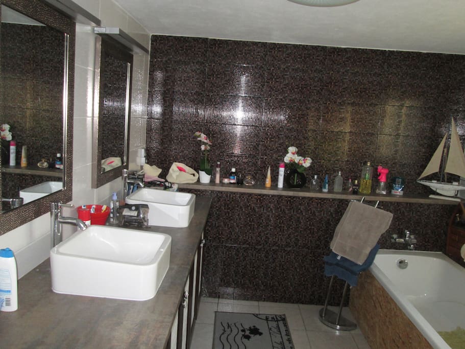 Salle de bain avec douche et baignoire
