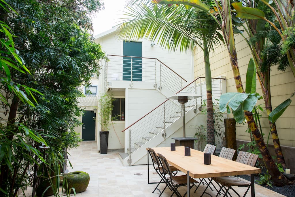 Courtyard facing studio and garage