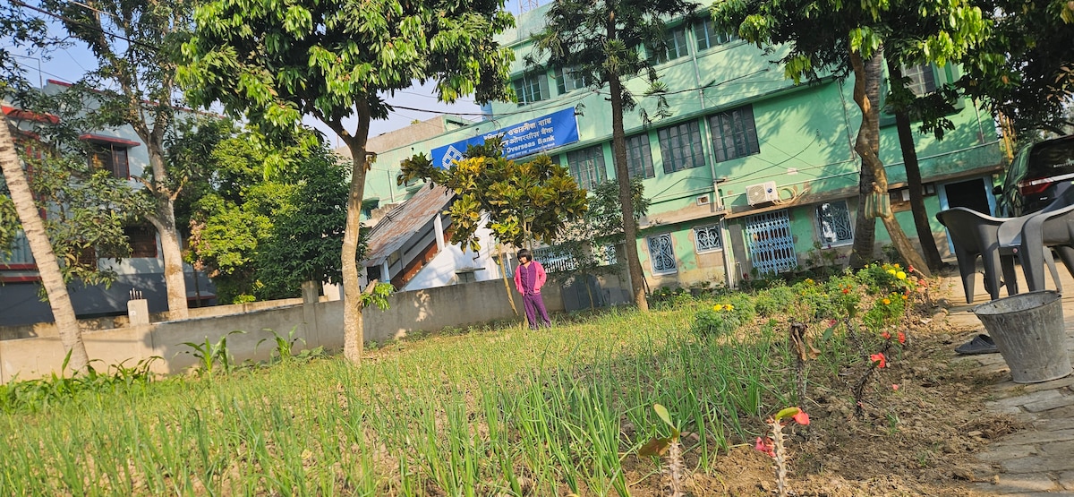 A garden area is visible, featuring rows of green plants and a variety of colored flowers. Several trees provide shade, while a building with green walls serves as a backdrop. An individual dressed in bright clothing is seen walking through the garden.
