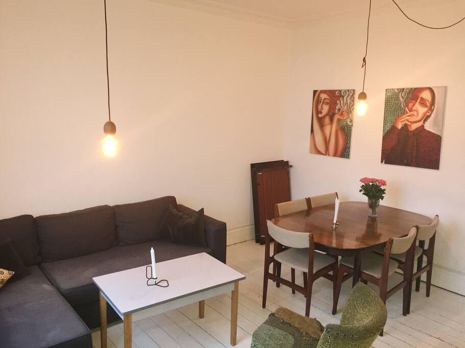 The living room. The couch can be opened to a double bed.