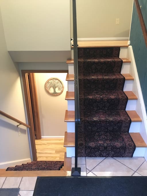 Foyer, stairway down to family room/ bedroom on left with sleeper sofa. On right is laundry room. Up the stairs leads to main living spaces.