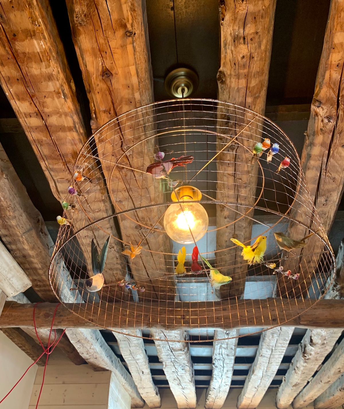 An artistic light fixture is suspended from rustic wooden beams. The design features a circular wire frame adorned with colorful bird figurines, surrounding a single bulb. The warm glow of the light contrasts with the textured wood above, creating an inviting focal point in the space.