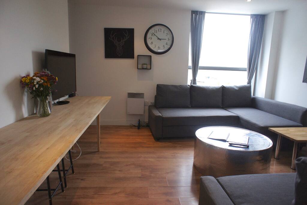 Here's your living room with two double sofa beds