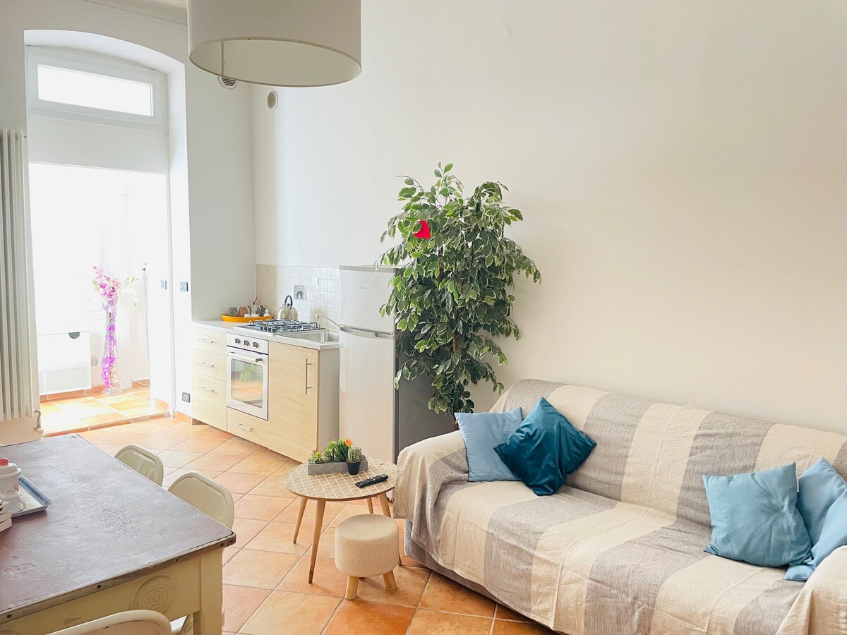 A bright living space features a light-colored sofa adorned with blue cushions, paired with a small coffee table. A potted plant adds greenery, while a well-equipped kitchen is visible in the background. Sunlight filters through a nearby window, highlighting the terracotta tiled floor.