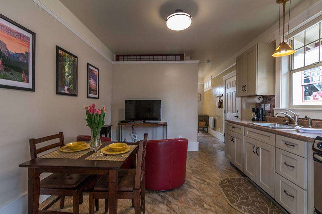 The kitchen is small but well appointed. Sorry, no dishwasher.