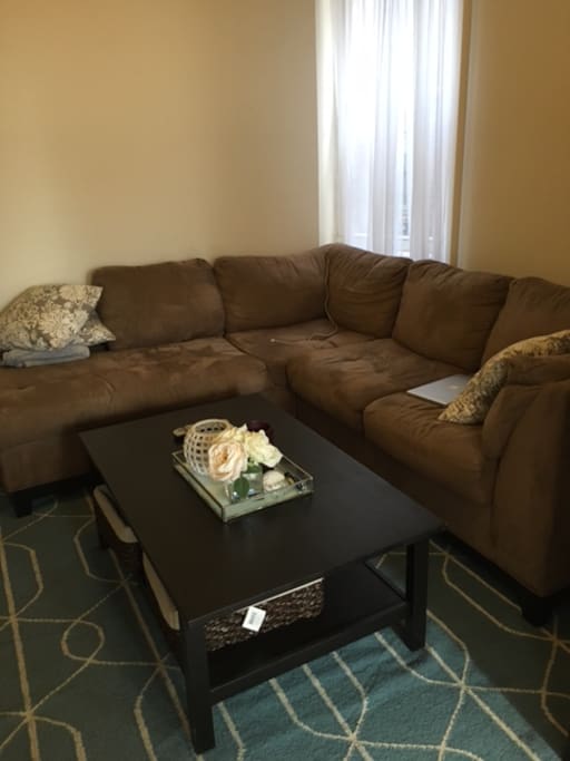 L shaped couch in the living room