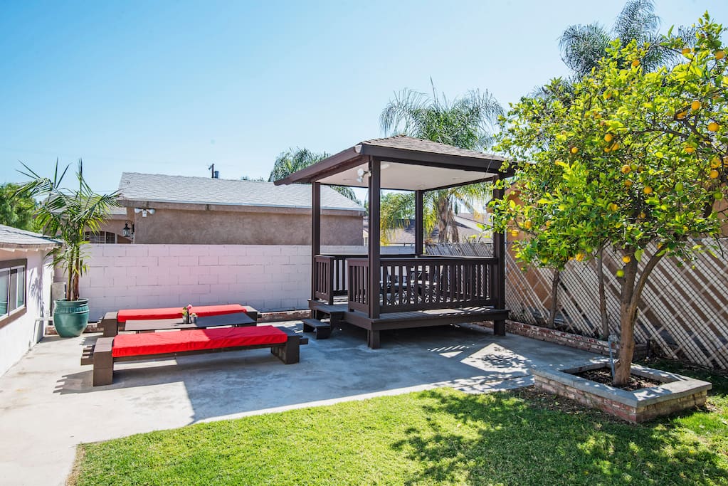 Large backyard with seating to enjoy the sun! Feel free to pick fresh lemons from the tree!