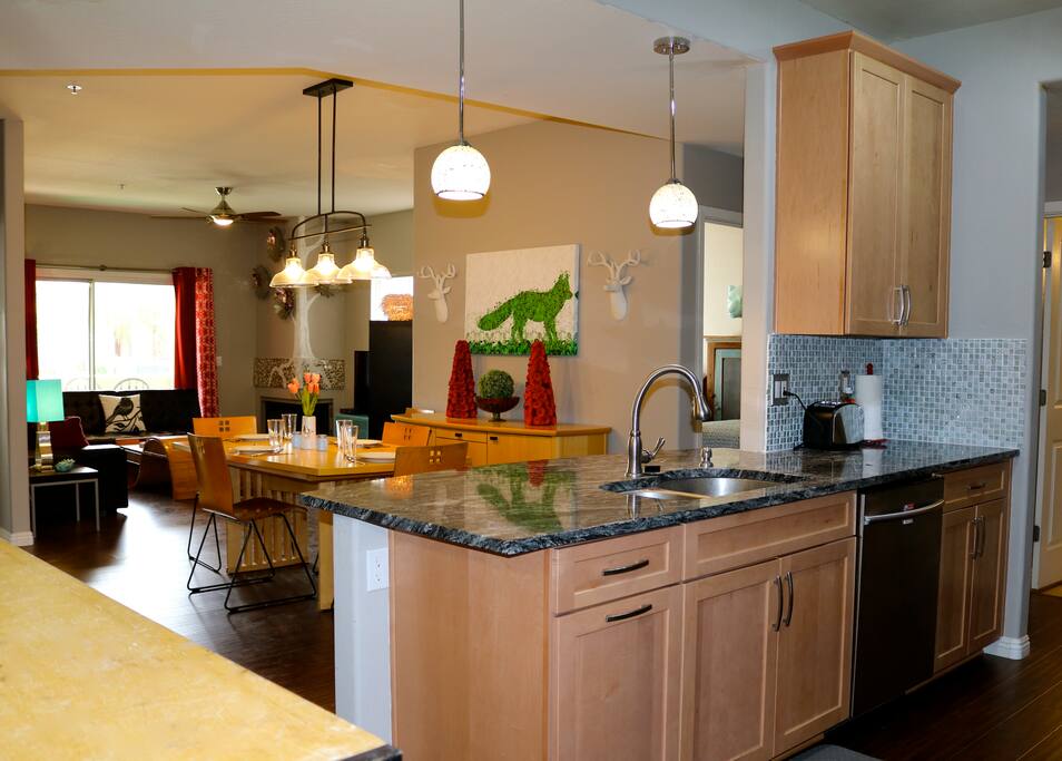 A view from the kitchen, looking towards living room.