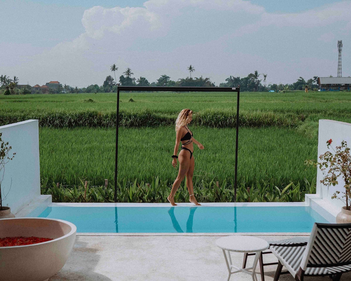 A serene outdoor space is highlighted by a narrow swimming pool, reflecting the clear sky. A swing set stands nearby, overlooking a lush green rice field. Minimalist furniture is positioned alongside the pool, providing a relaxing atmosphere.