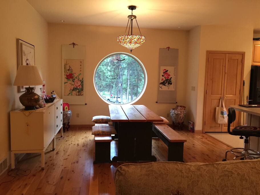 The dining area! A lot of good food and conversation is shared in this space as the deer meander by!