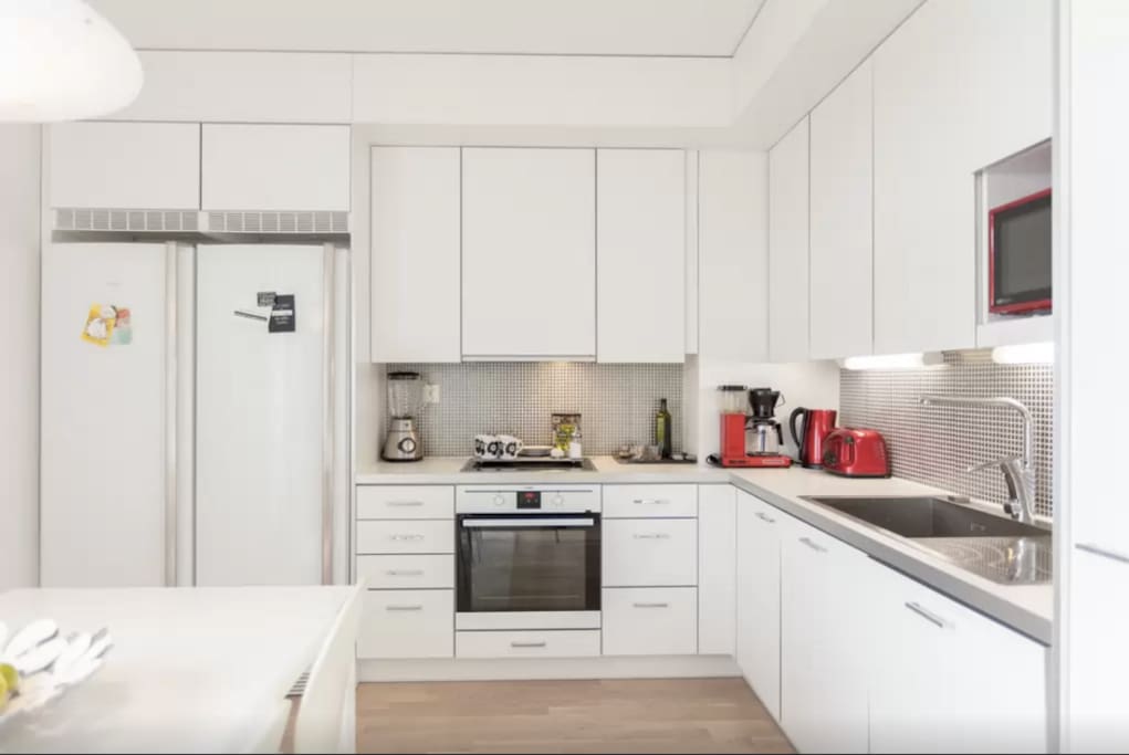 Kitchen includes everything you may need and even more: coffee machine, toaster, water boiler, microwave, stove/oven, pots, pans, big fridge, freezer, dish washer, blender, tableware, cutleries etc. We have everything ready for you!