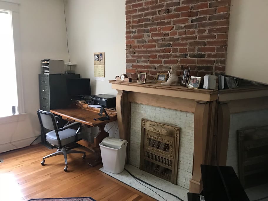 Desk and fireplace