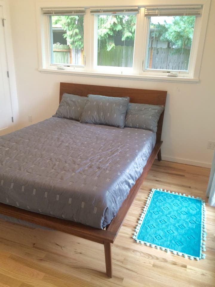 Separate bedroom with Copley Queen bed made in Vermont.