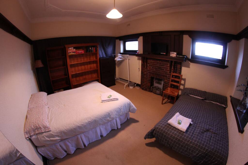 Double bed and futon deployed as second bed.