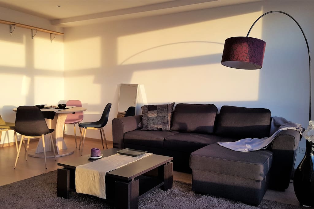 Coin salon, salle à manger avec canapé-lit, le WiFi pour la connexion internet et un téléviseur