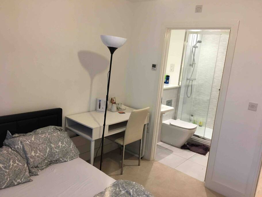 Room desk and ensuite bathroom