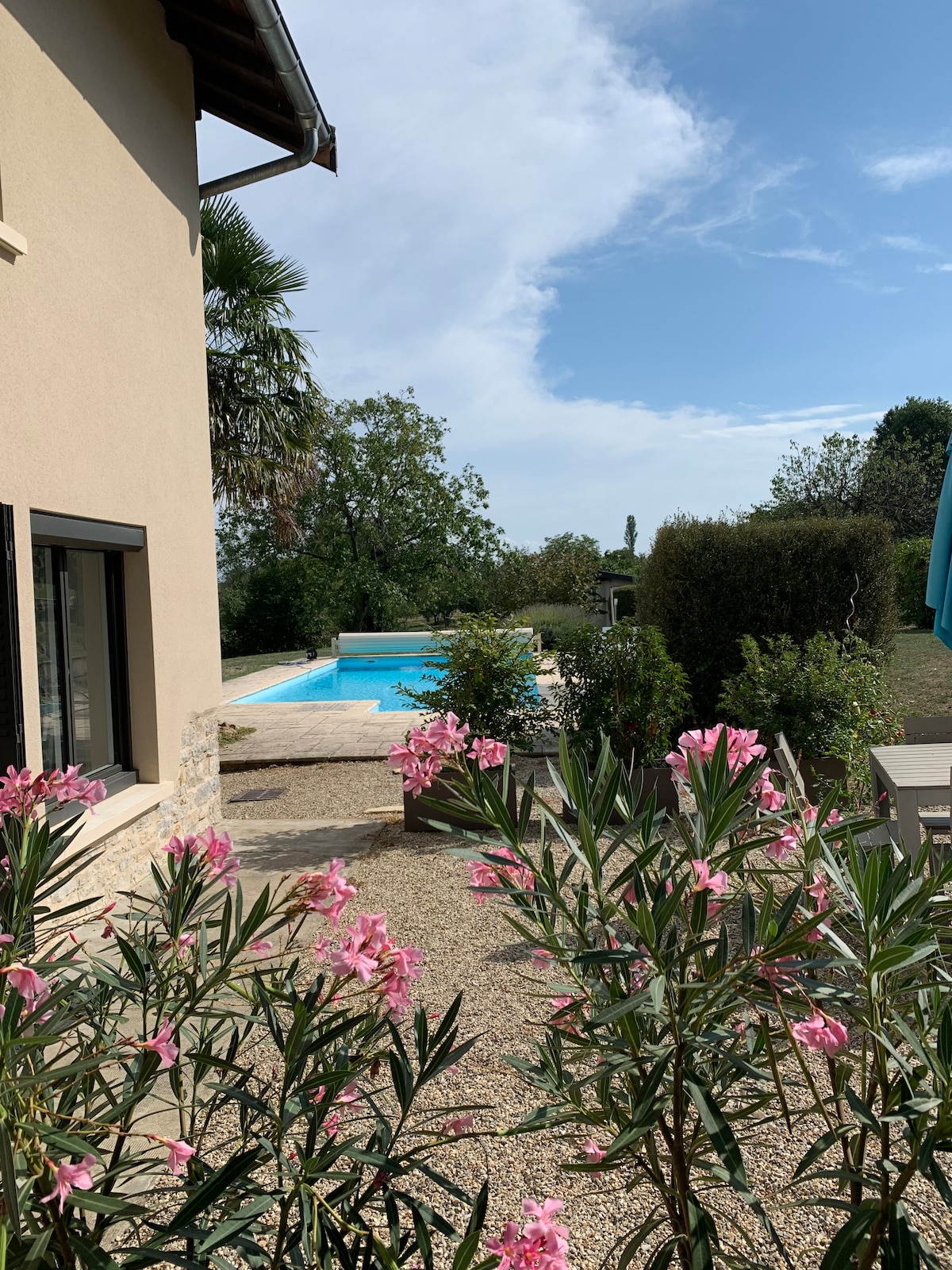 A garden area is adorned with blooming pink flowers, leading to a serene pool surrounded by greenery. The clear blue water reflects the sky, creating a calming atmosphere. A sunny terrace area is visible nearby, offering space for relaxation.