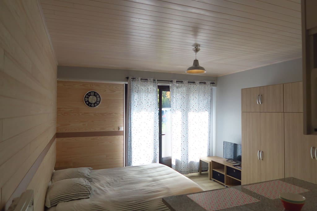Chambre avec lit double équipée dune petite télévision et d'un placard avec penderie donnant sur le balcon. Lumineux.