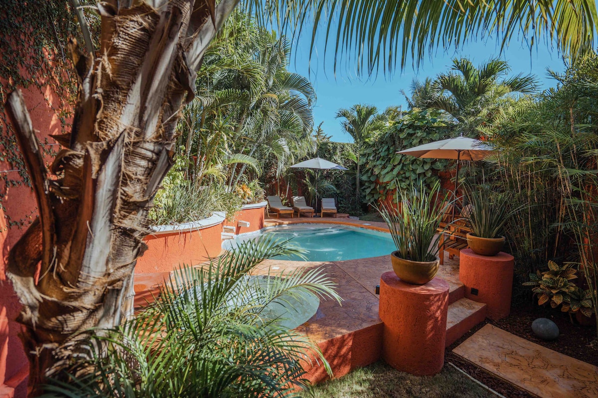 A secluded pool area is framed by palm trees and lush greenery. Two sun loungers are placed beside the water, accompanied by umbrellas for shade. A hot tub is positioned nearby, creating a tranquil outdoor retreat surrounded by vibrant plant life.