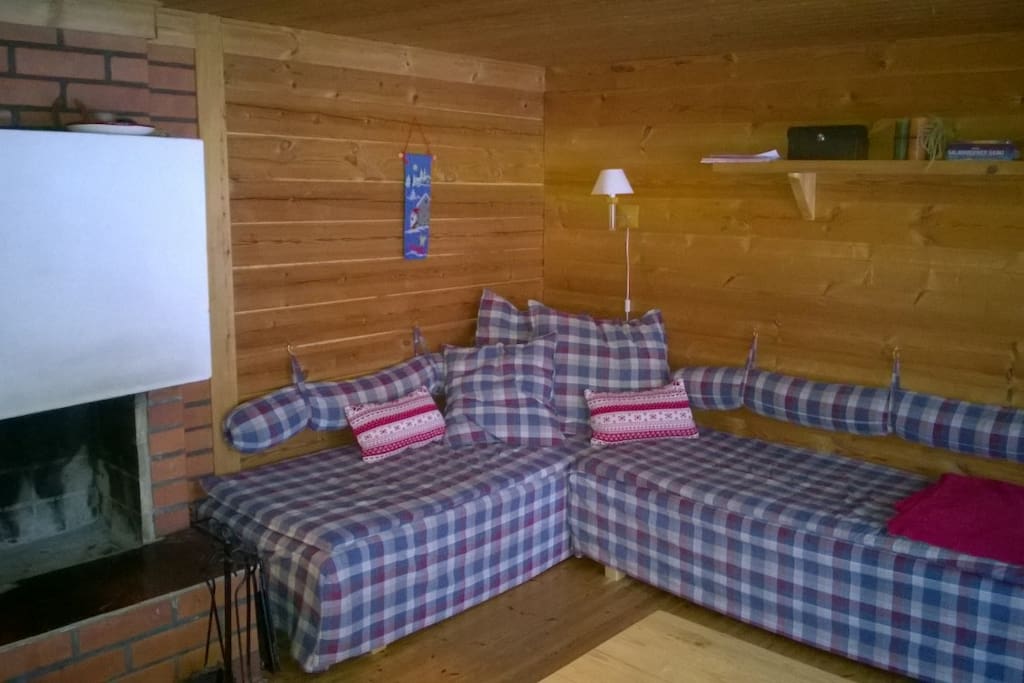 Sofa and fireplace