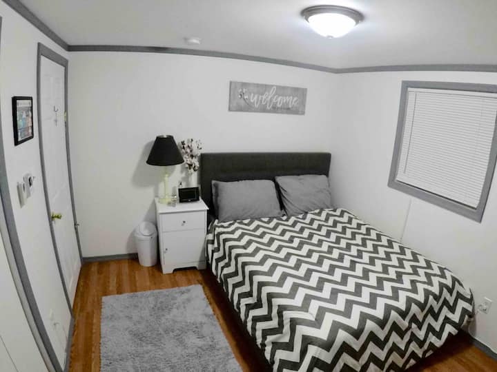 Room “A” queen bed, 32” flat screen Tv, mini fridge inside of the room located in the closet, clean lines independent A/C unit or heat for your comfort!!