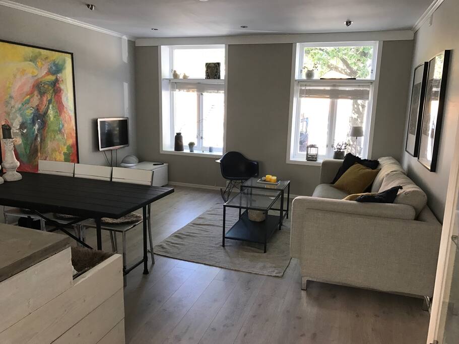 Stue med TV. Sofa kan brukes som ekstra soveplass om ønskelig