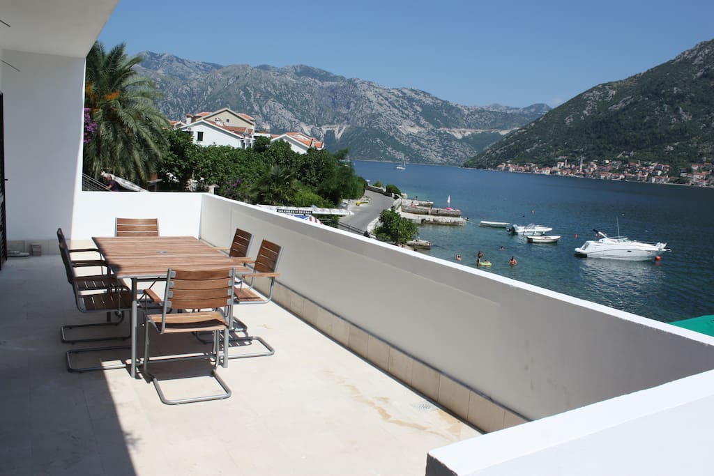 View of Perast from the spacious terrace with alfresco dining for 6.