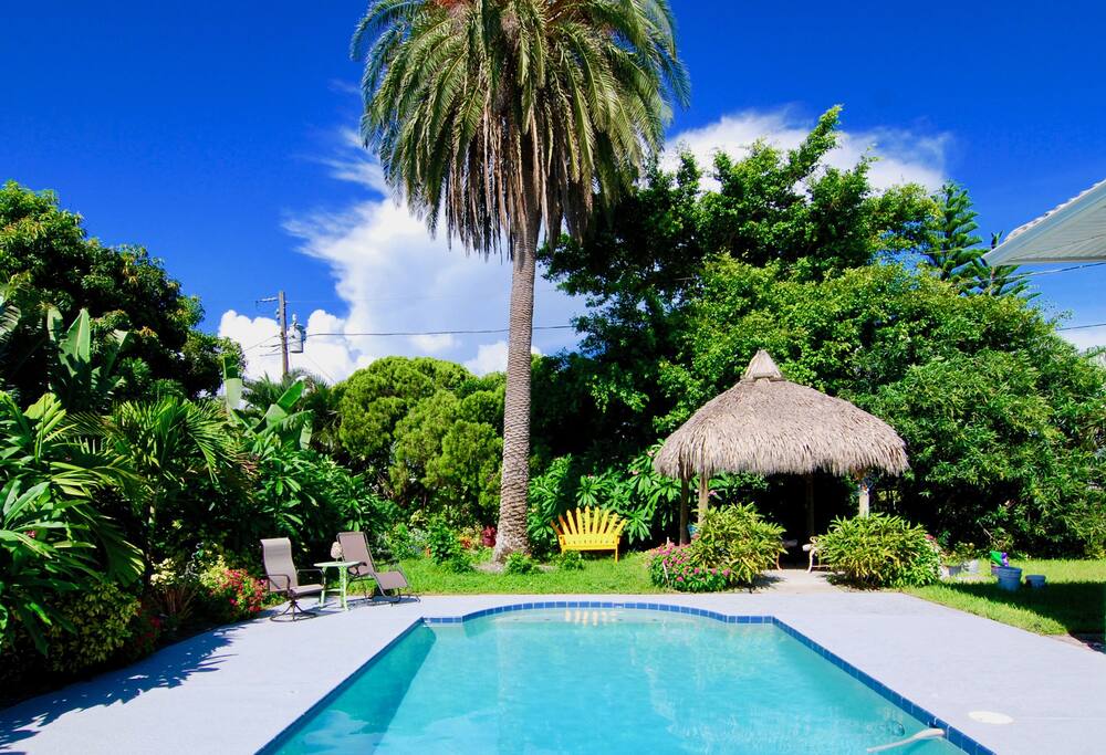 The yard outside your suite is large, beautifully green, and endowed with a swimming pool and tiki hut.