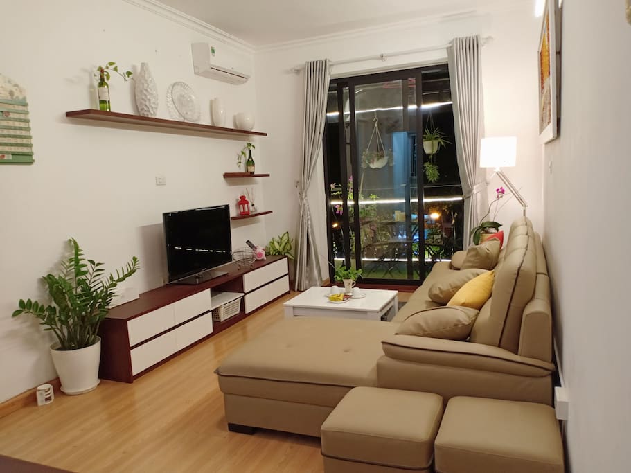 The living room with an amazing balcony at the night