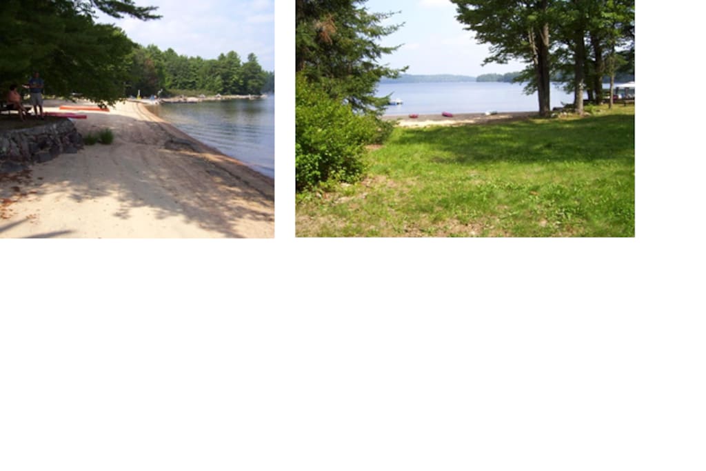 The sandy beach is shared with one other cottage but the trees provide privacy and the docks are positioned at the furthest ends of the properties. Plenty of room for making sand castles, playing volley ball or just lying around.
The water level recedes throughout the summer and so the amount of beach increases (late August shown).