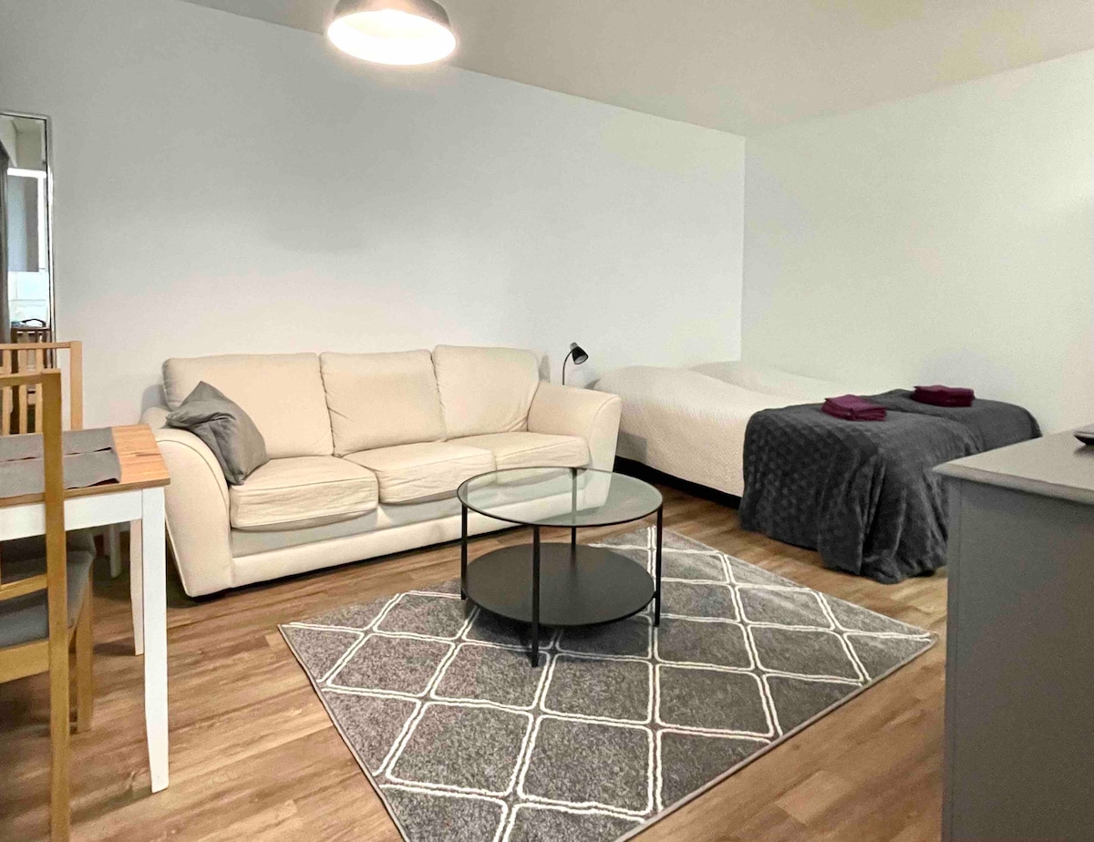 A living space features a light-colored sofa facing a glass coffee table. A spacious bed is positioned in the background, accompanied by two dark grey blankets. A dining table with wooden chairs is visible to the left, and a patterned rug anchors the area.