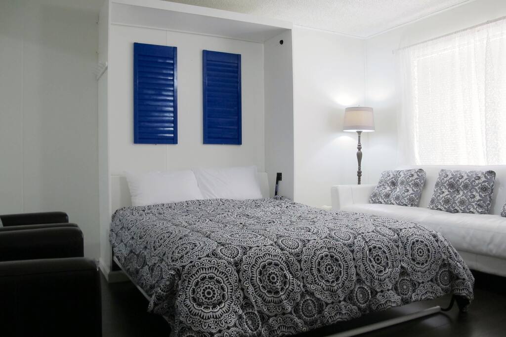 Living room with queen sized Murphy/wall bed