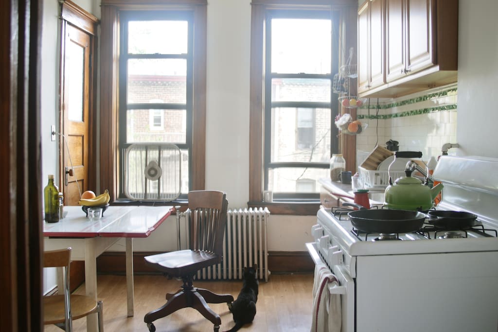 the kitchen, on the east side of the apartment