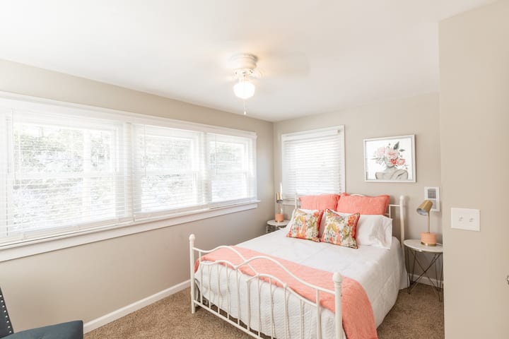 Bedroom two: (second floor) one queen bed and space to get ready and a full bathroom just steps away.