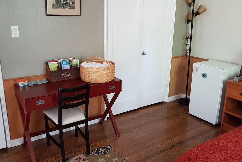 Desk, Closet, Mini-Fridge