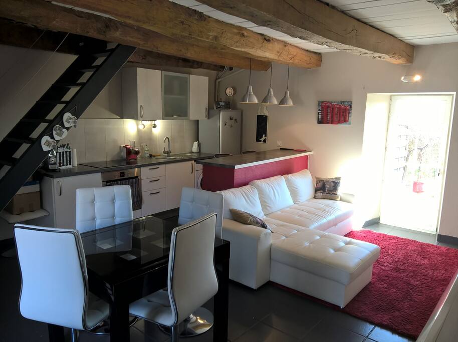 Canapé, bar et cuisine..