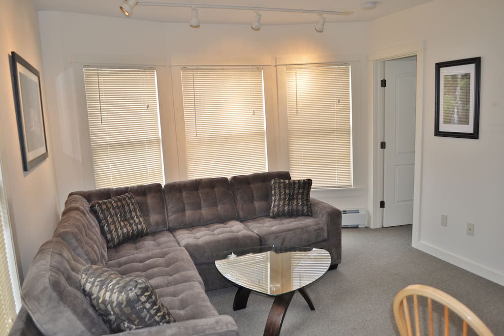 three big windows that let in lots of light and spacious living room