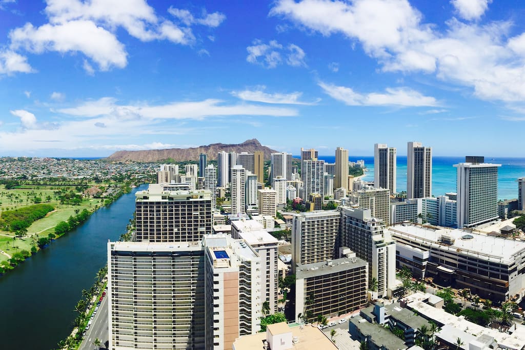 Actual 180 Degree View Taken Directly from Open Air Living Area: Ocean, Mountains, City and Diamond Head Crater