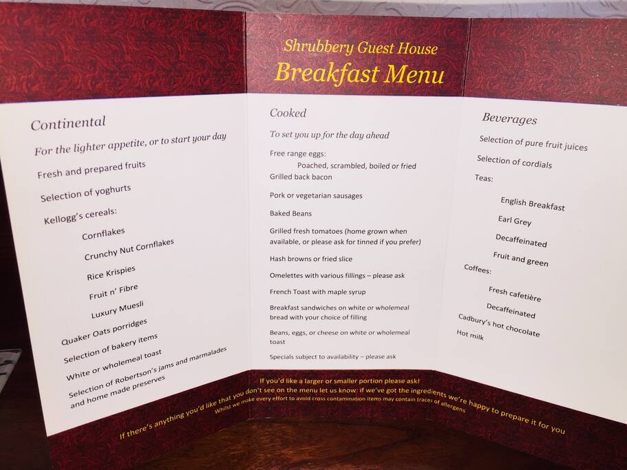 Breakfast menu