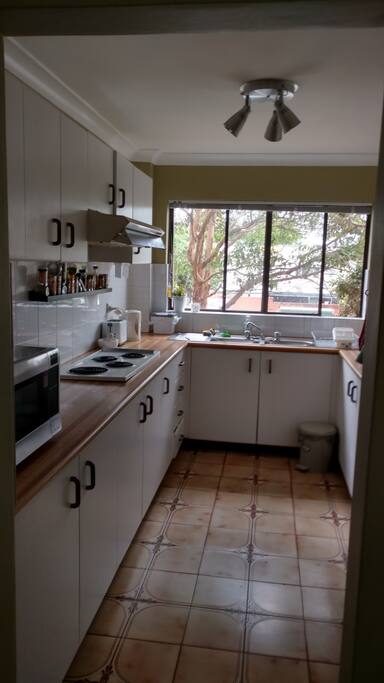 Kitchen w/ Stove top and Microwave
