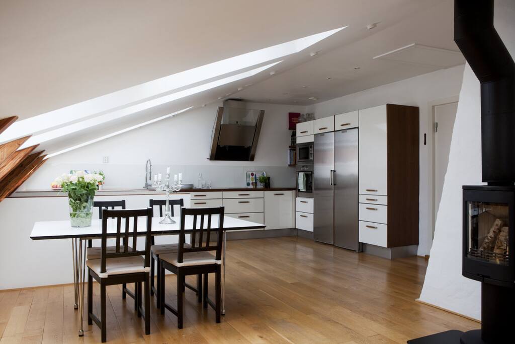 Top floor with kitchen, bathroom, fire place and TV couch