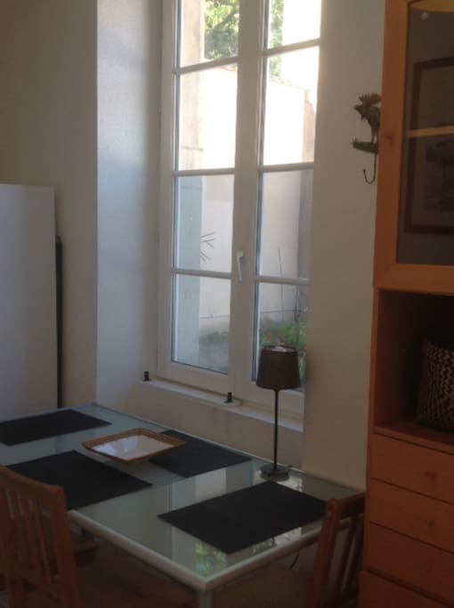 Kitchenette avec vue sur cour fleurie au calme, en plein centre ville .