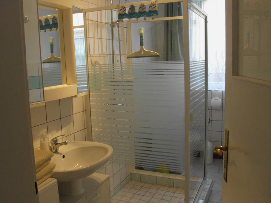 hinter der Dusche ist die Waschmaschine, daneben das WC